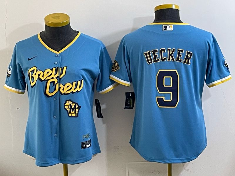 Youth 2025 Milwaukee Brewers #9 Uecker Light blue City Edition Nike MLB Jersey 03